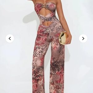 Fashion Nova Strapless Animal Print Jumpsuit - Red and Brown